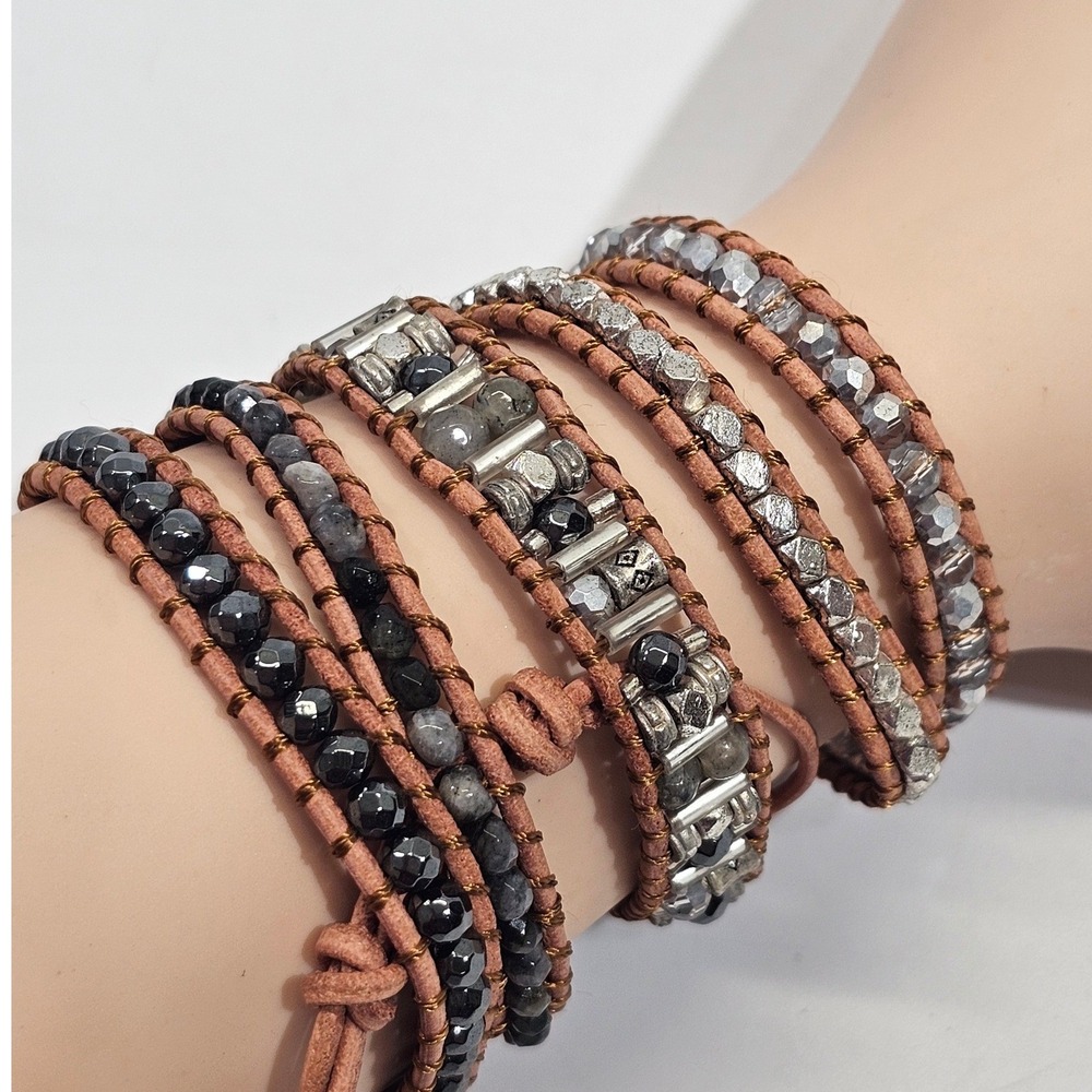 Free‎ Spirit Wrap Bracelet Womens Tan Leather Silver Black Beaded Boho Stacked